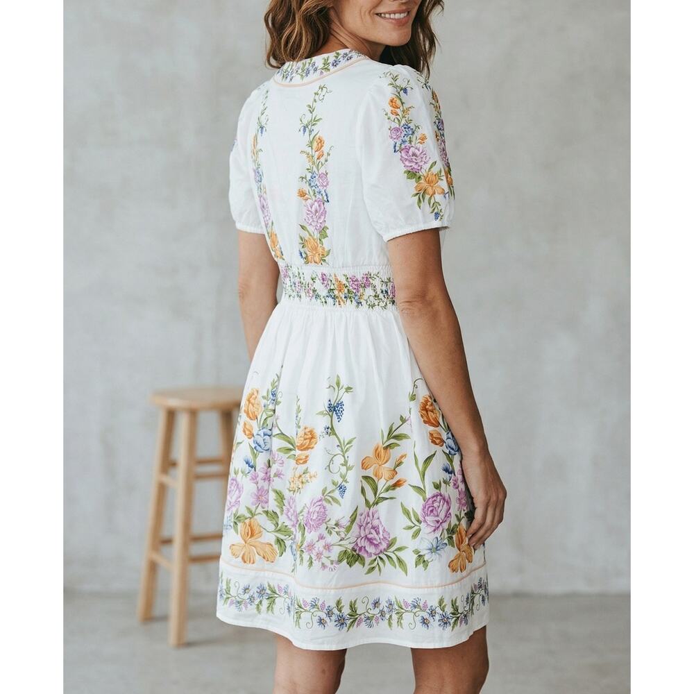 Calypso White Floral V-Neck Puff Sleeve Bordered Mini Dress Size M - Picture 2 of 13